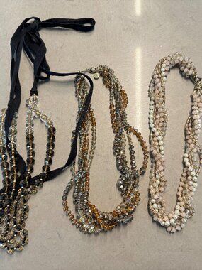 LOFT Statement Necklace Bundle (3) Multi-Strand Beaded Pearl Crystal